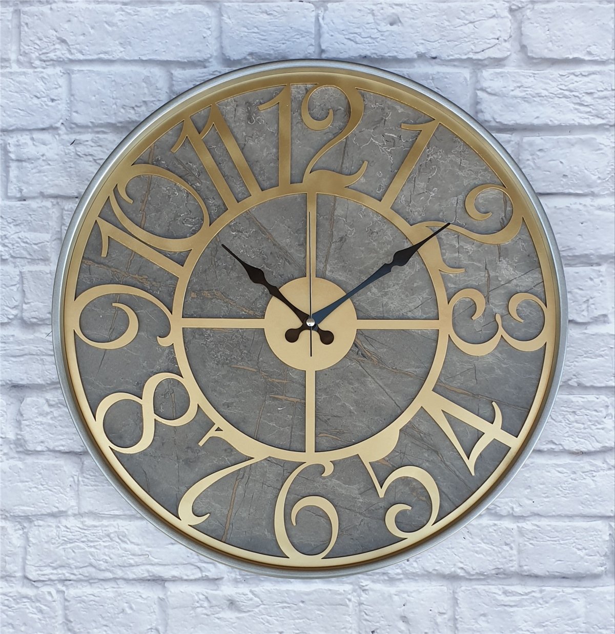 Markakanvas Gri  Metal Kasalı Mermer Desenli  Duvar Saati  ( Çap 50 cm -Çap 80 cm )