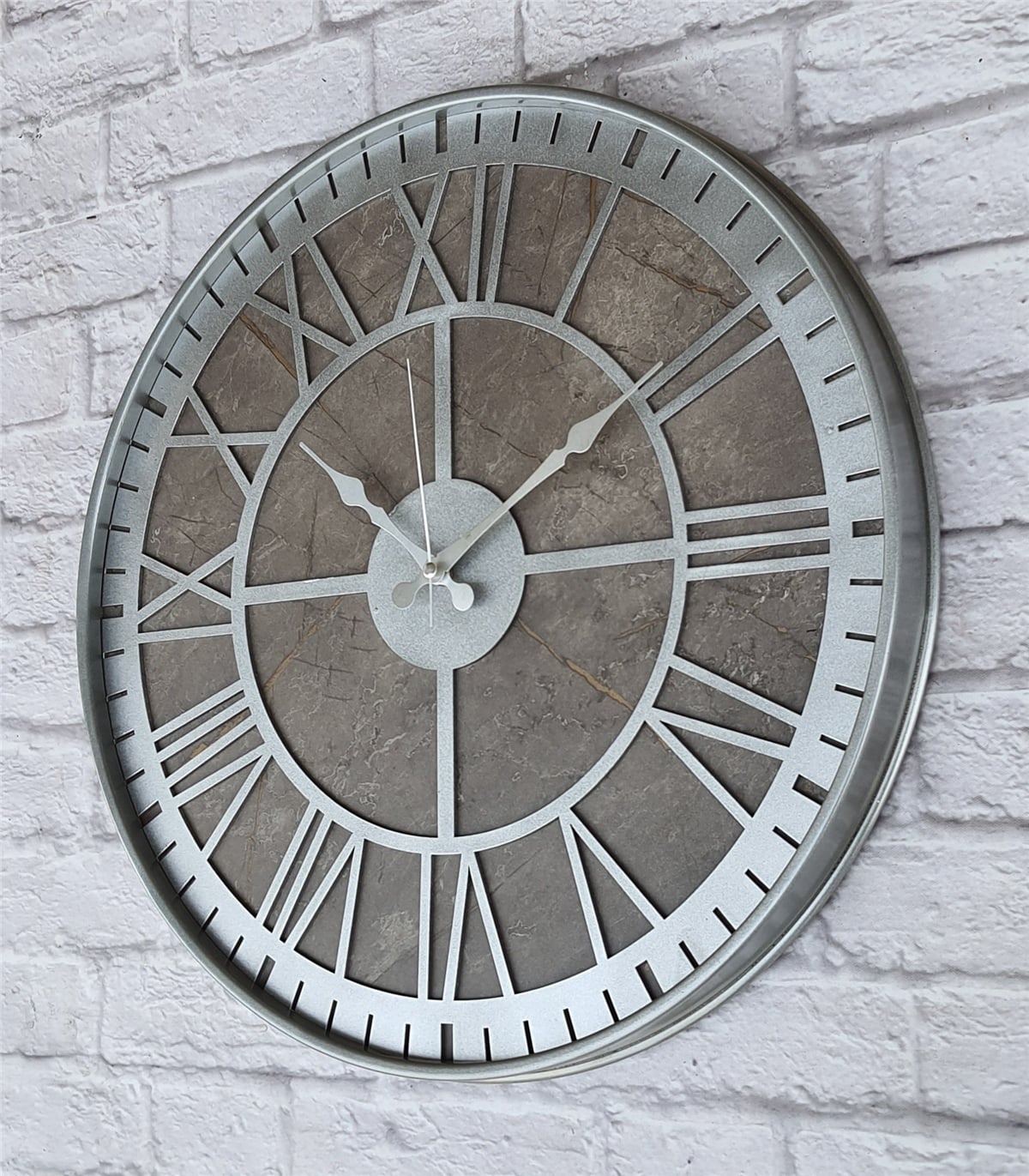 Markakanvas Gri  Metal Kasalı Mermer Desenli  Duvar Saati  ( Çap 50 cm -Çap 80 cm )