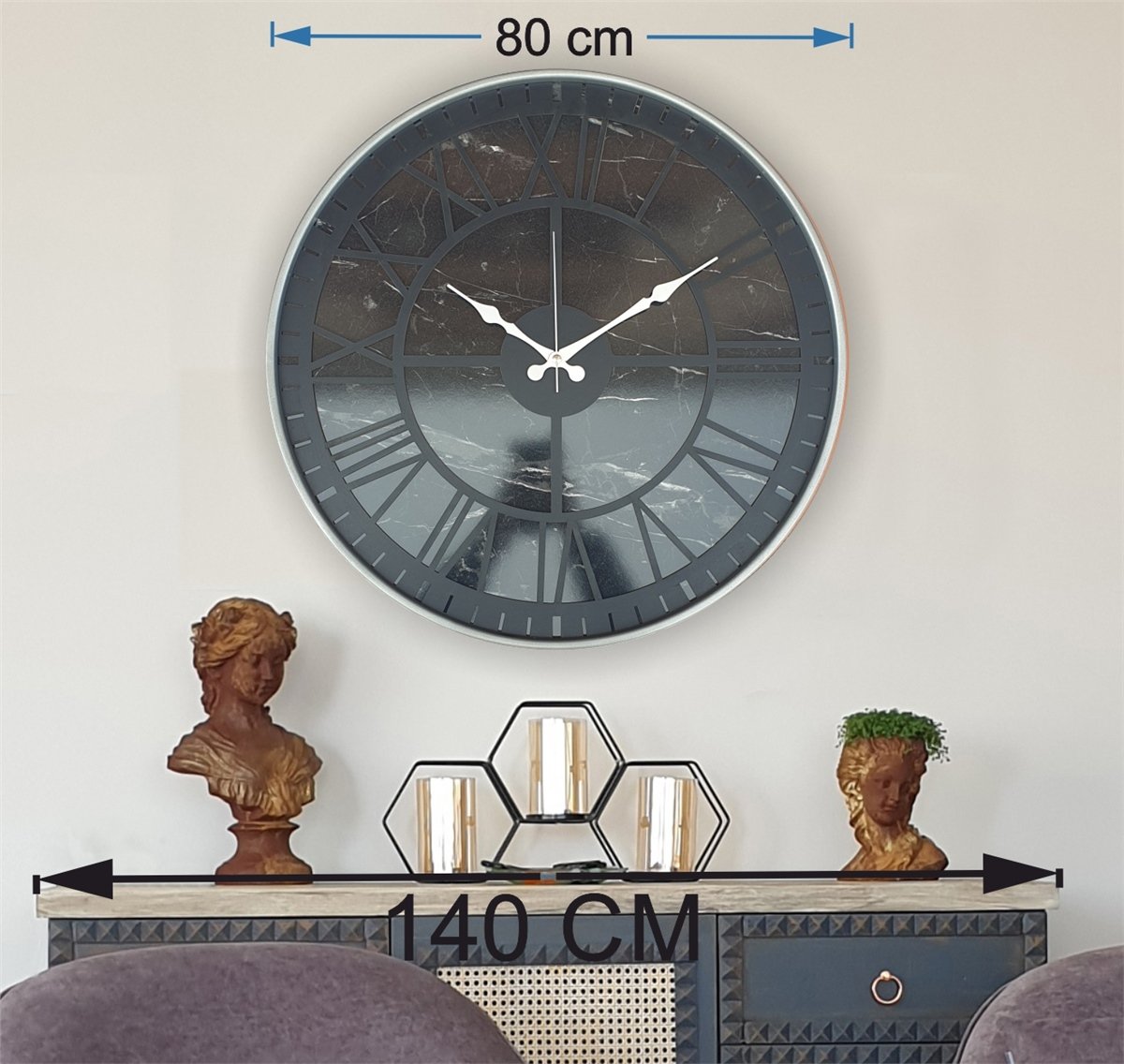 Markakanvas Gri  Metal Kasalı Mermer Desenli  Duvar Saati  ( Çap 50 cm -Çap 80 cm )