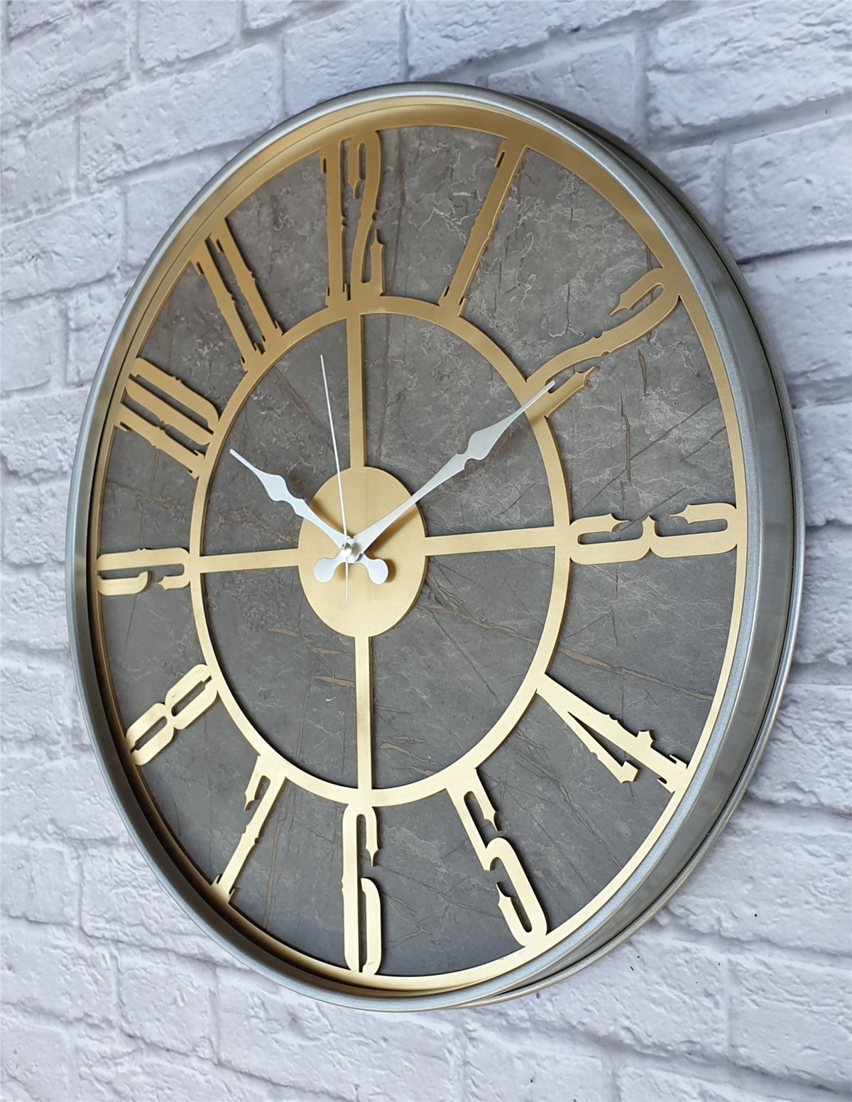 Markakanvas Gri  Metal Kasalı Mermer Desenli  Duvar Saati  ( Çap 50 cm -Çap 80 cm )