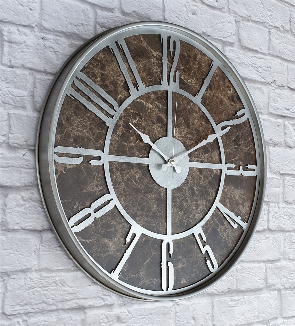Markakanvas Gri  Metal Kasalı Mermer Desenli  Duvar Saati  ( Çap 50 cm -Çap 80 cm )