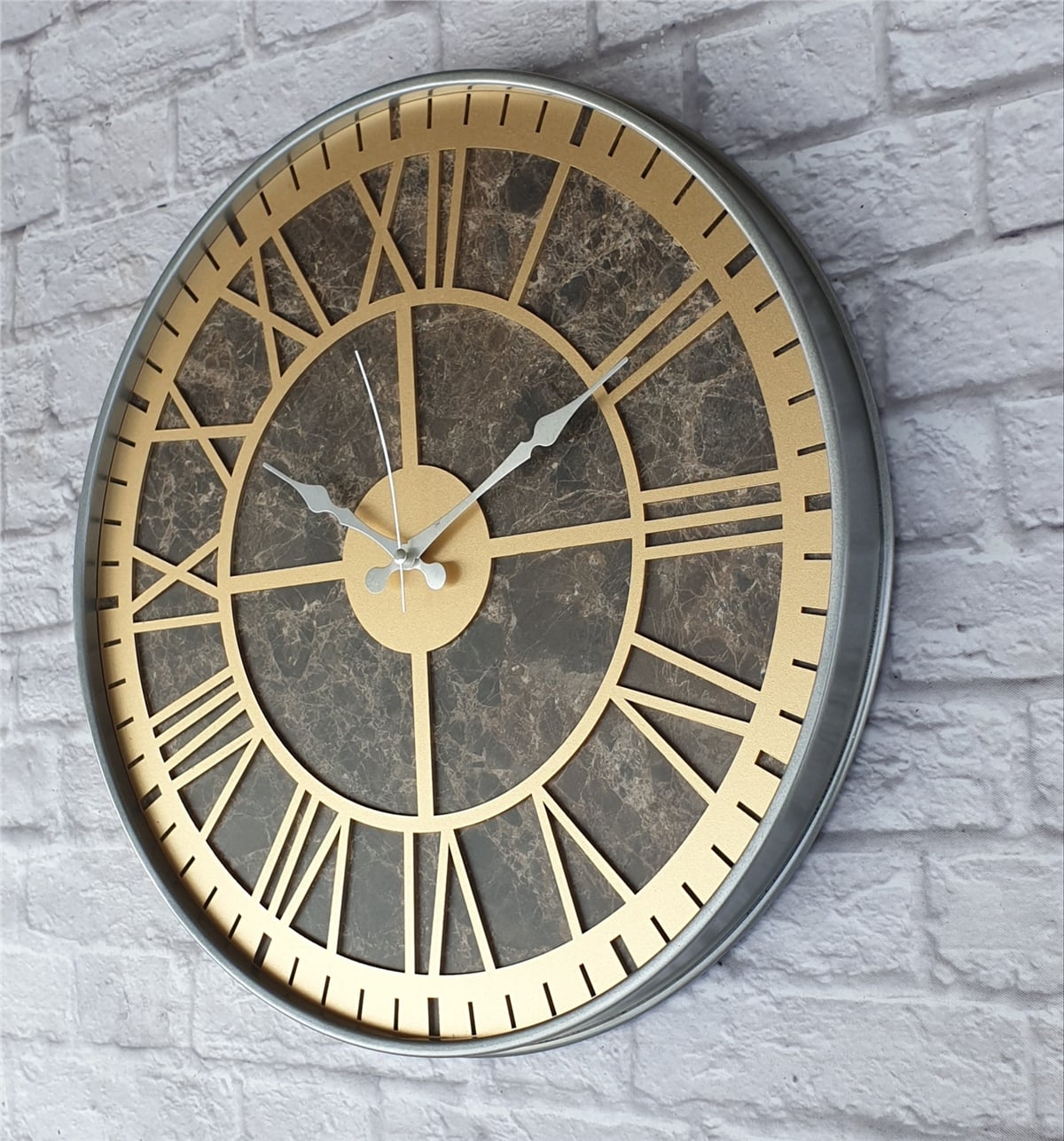 Markakanvas Gri  Metal Kasalı Mermer Desenli  Duvar Saati  ( Çap 50 cm -Çap 80 cm )