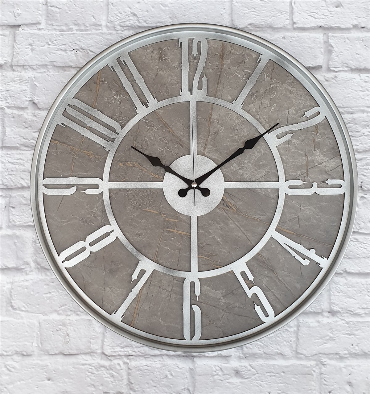 Markakanvas Gri  Metal Kasalı Mermer Desenli  Duvar Saati  ( Çap 50 cm -Çap 80 cm )