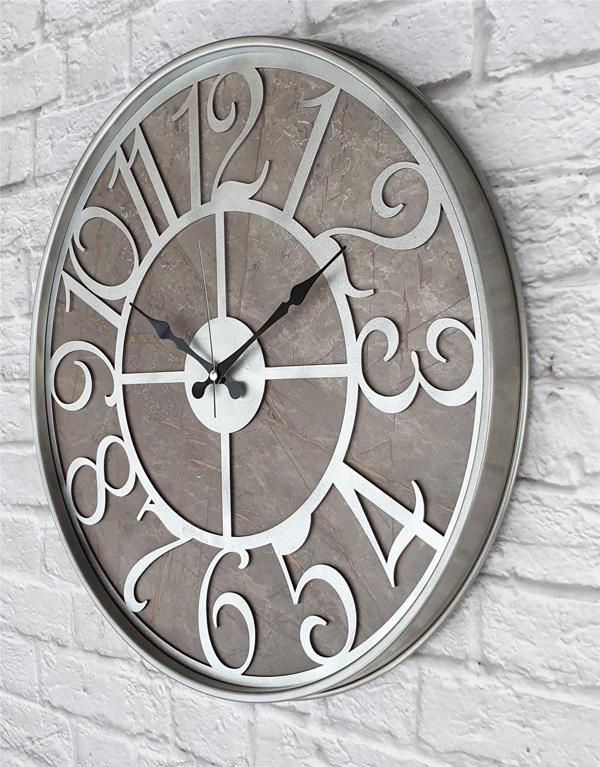 Markakanvas Gri  Metal Kasalı Mermer Desenli  Duvar Saati  ( Çap 50 cm -Çap 80 cm )