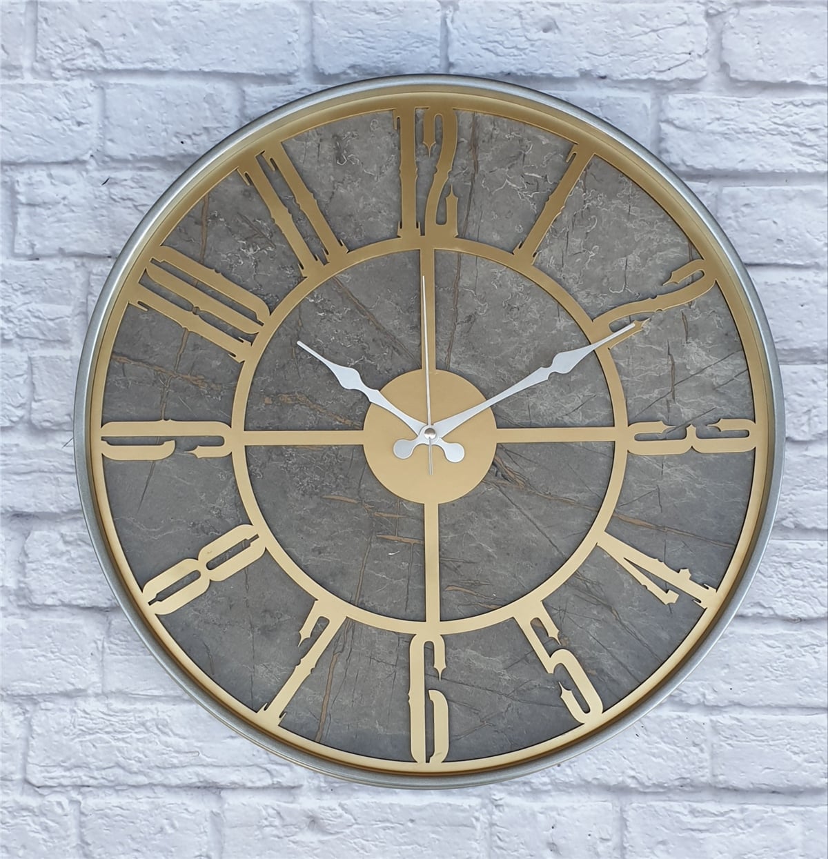 Markakanvas Gri  Metal Kasalı Mermer Desenli  Duvar Saati  ( Çap 50 cm -Çap 80 cm )