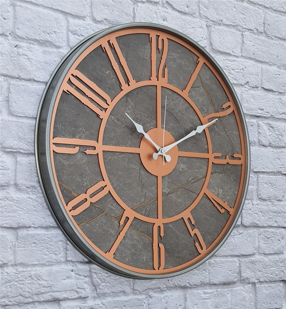 Markakanvas Gri  Metal Kasalı Mermer Desenli  Duvar Saati  ( Çap 50 cm -Çap 80 cm )