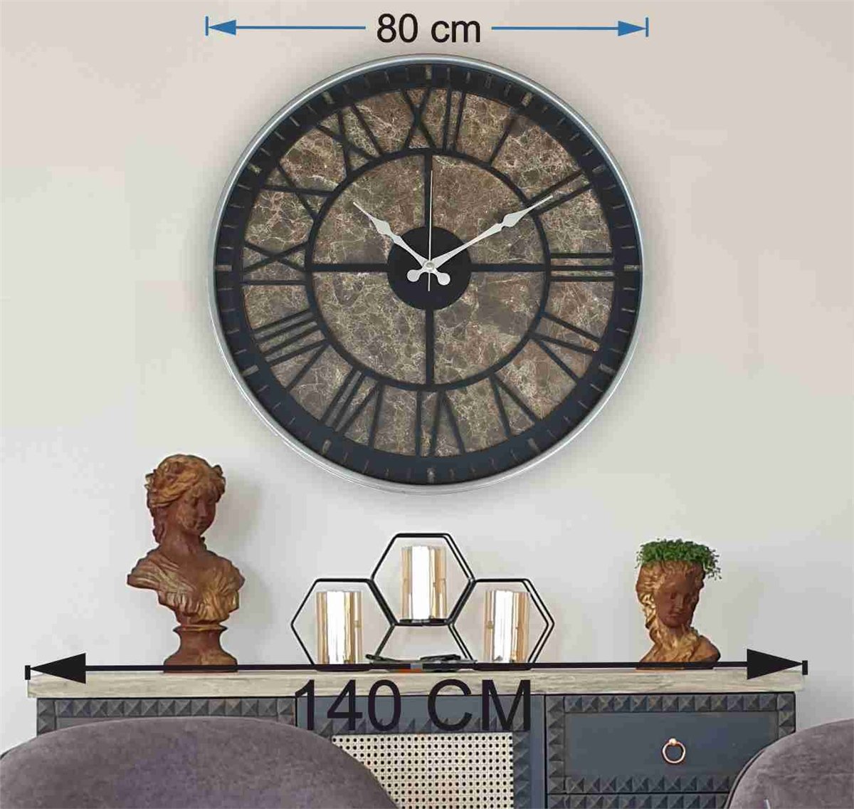 Markakanvas Gri  Metal Kasalı Mermer Desenli  Duvar Saati  ( Çap 50 cm -Çap 80 cm )