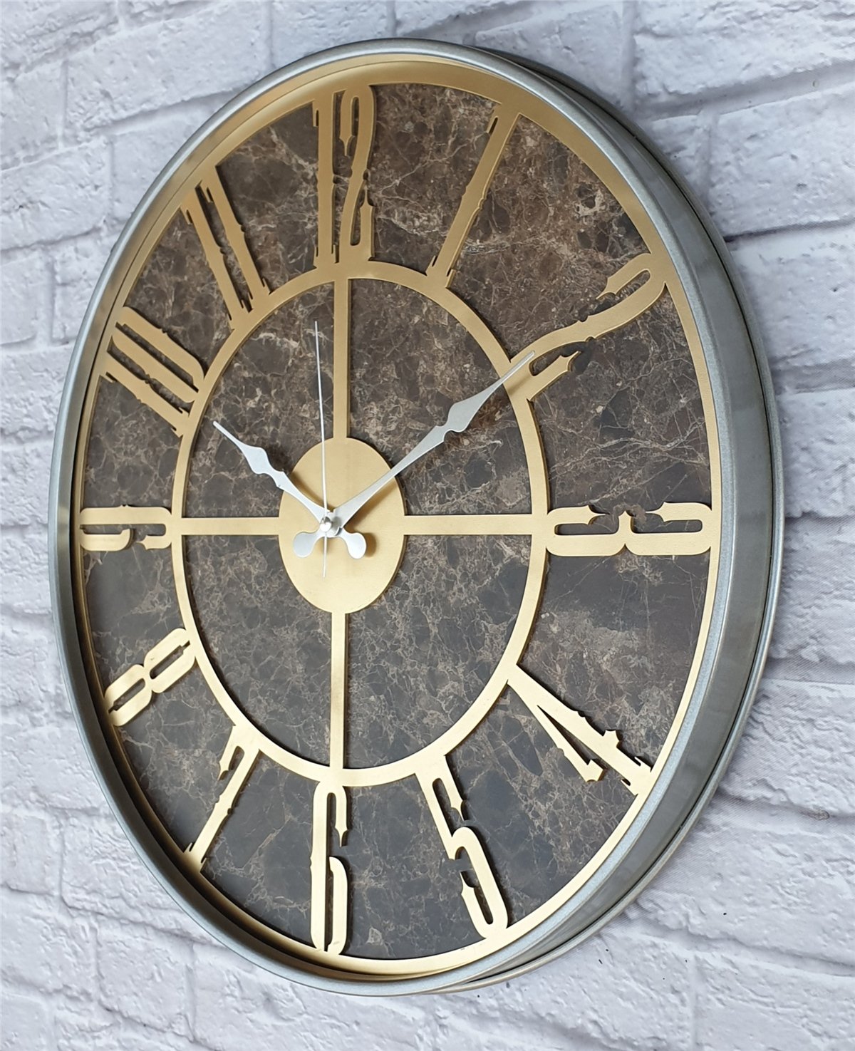 Markakanvas Gri  Metal Kasalı Mermer Desenli  Duvar Saati  ( Çap 50 cm -Çap 80 cm )