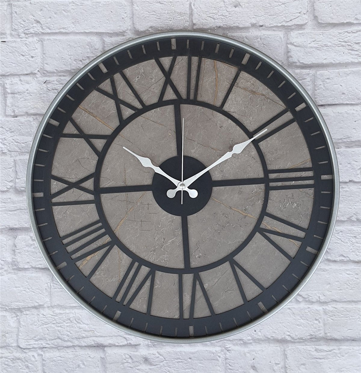 Markakanvas Gri  Metal Kasalı Mermer Desenli  Duvar Saati  ( Çap 50 cm -Çap 80 cm )