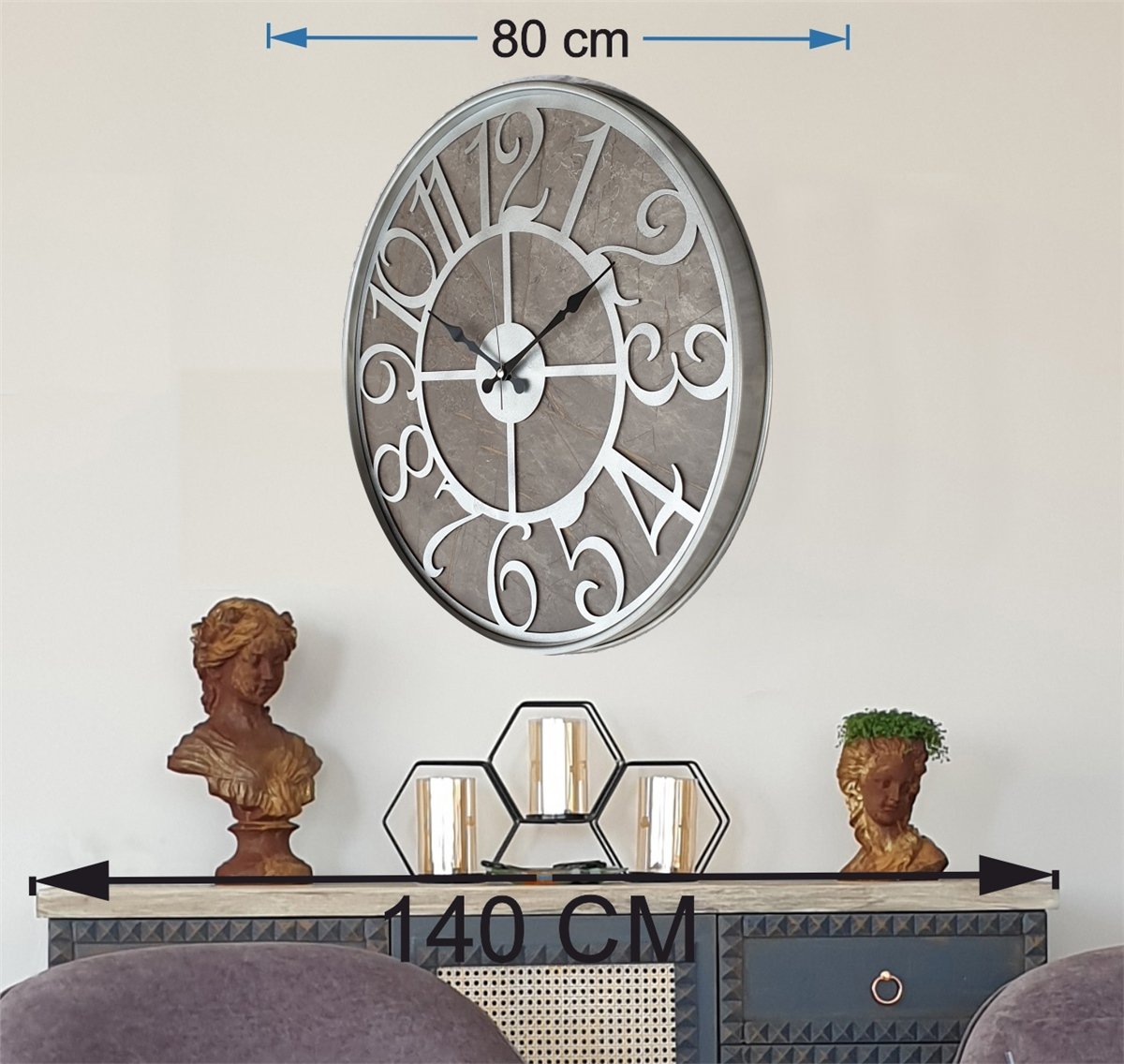 Markakanvas Gri  Metal Kasalı Mermer Desenli  Duvar Saati  ( Çap 50 cm -Çap 80 cm )