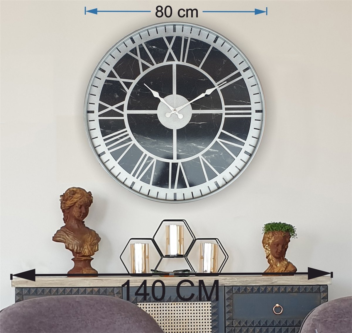 Markakanvas Gri  Metal Kasalı Mermer Desenli  Duvar Saati  ( Çap 50 cm -Çap 80 cm )