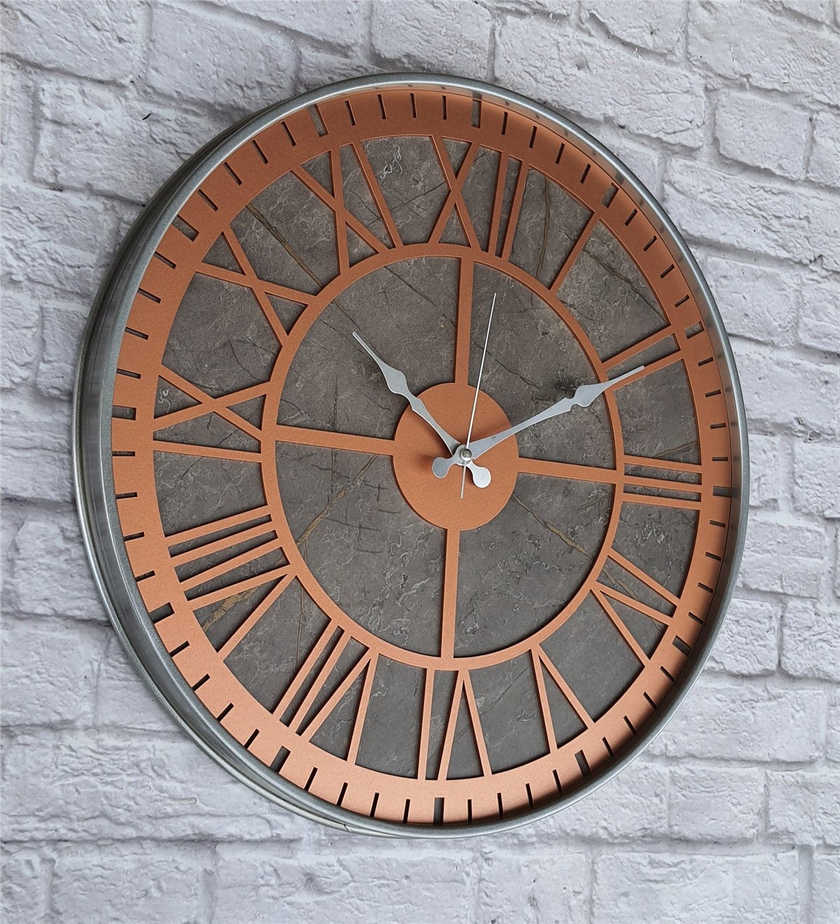 Markakanvas Gri  Metal Kasalı Mermer Desenli  Duvar Saati  ( Çap 50 cm -Çap 80 cm )
