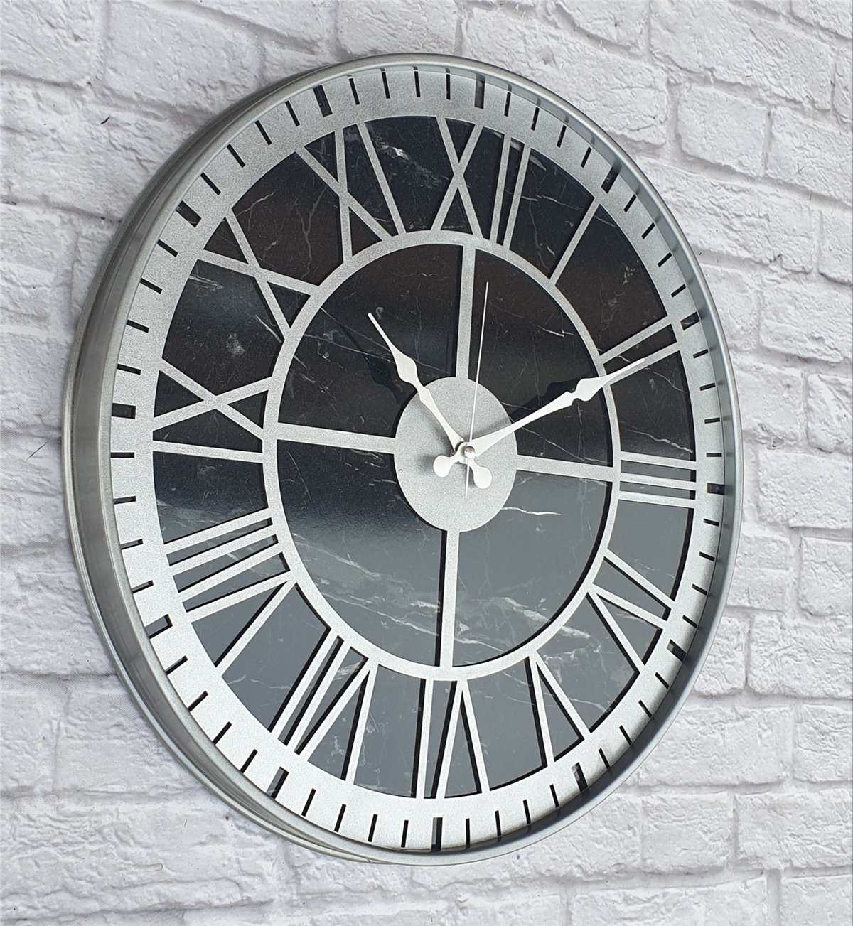 Markakanvas Gri  Metal Kasalı Mermer Desenli  Duvar Saati  ( Çap 50 cm -Çap 80 cm )
