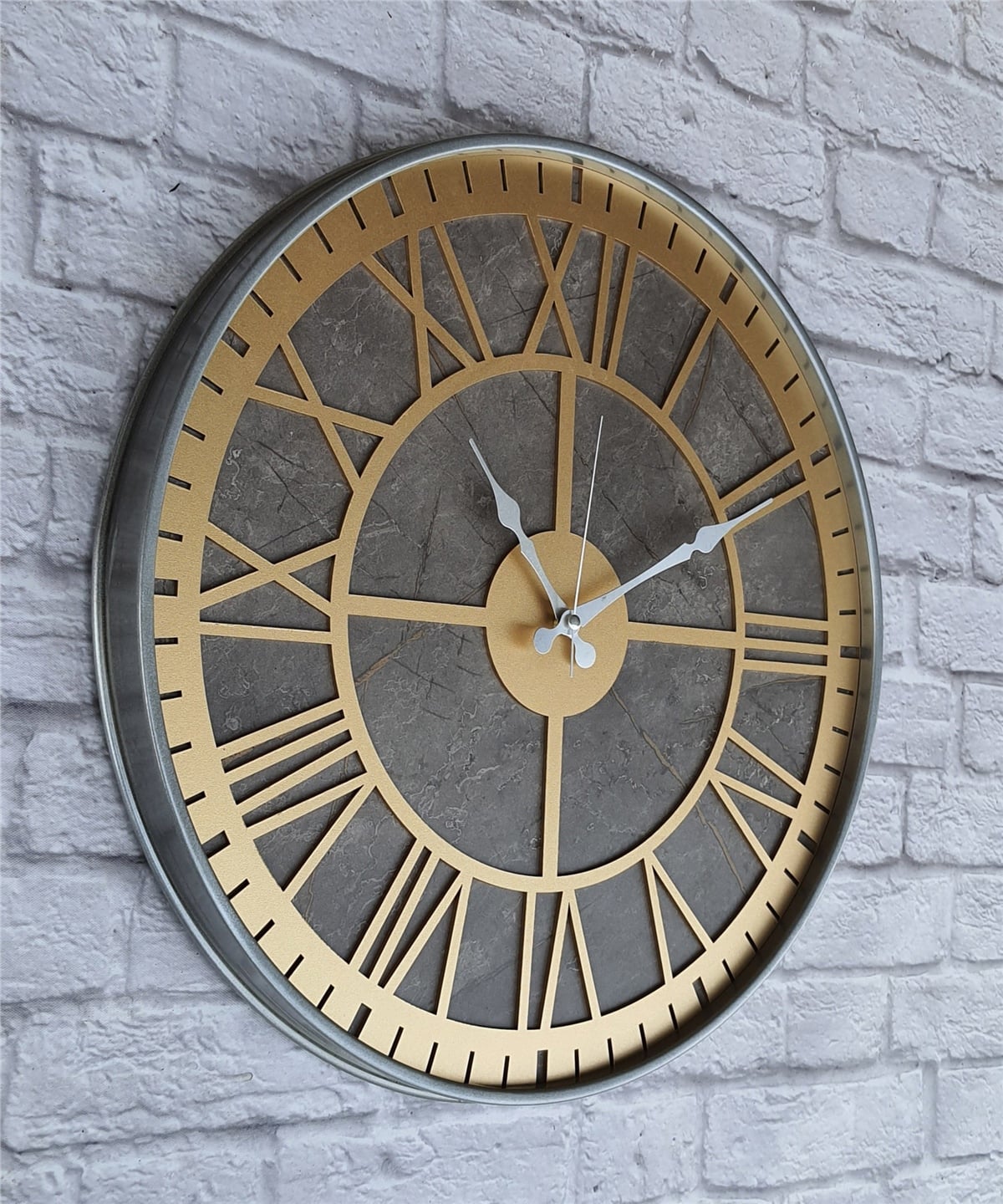 Markakanvas Gri  Metal Kasalı Mermer Desenli  Duvar Saati  ( Çap 50 cm -Çap 80 cm )