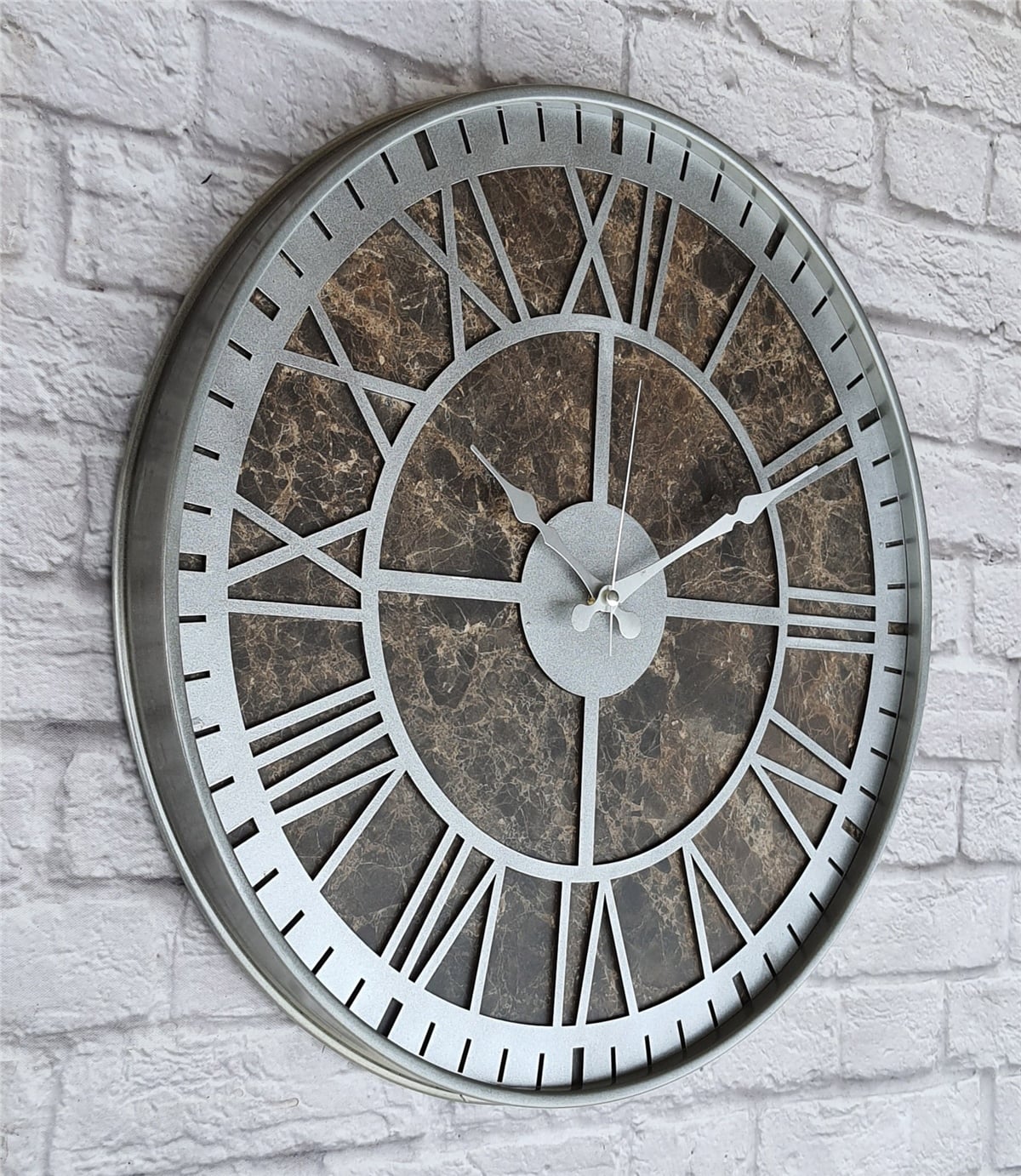 Markakanvas Gri  Metal Kasalı Mermer Desenli  Duvar Saati  ( Çap 50 cm -Çap 80 cm )