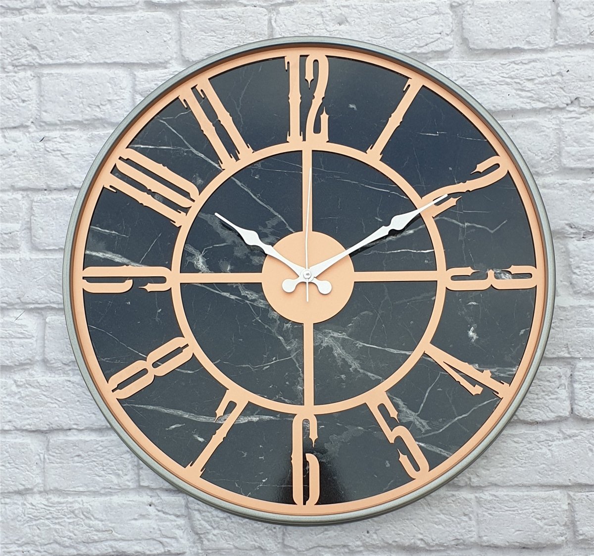 Markakanvas Gri  Metal Kasalı Mermer Desenli  Duvar Saati  ( Çap 50 cm -Çap 80 cm )