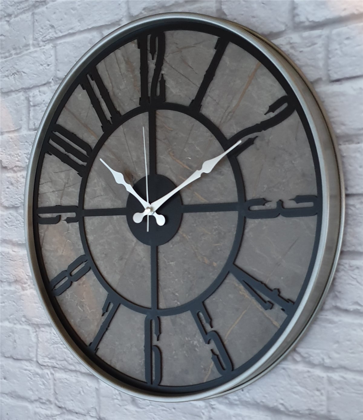 Markakanvas Gri  Metal Kasalı Mermer Desenli  Duvar Saati  ( Çap 50 cm -Çap 80 cm )
