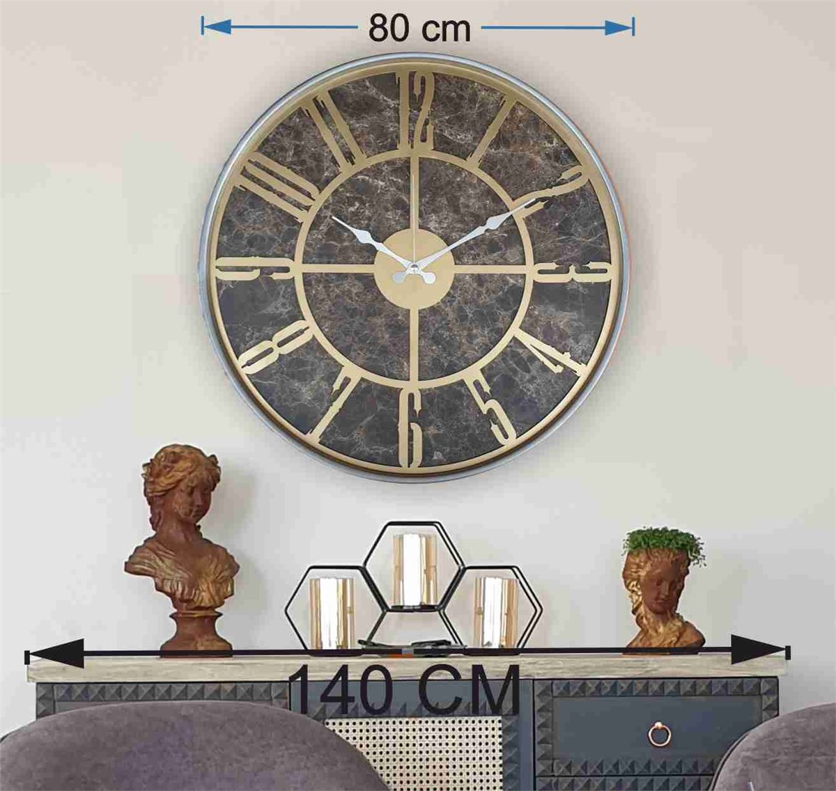 Markakanvas Gri  Metal Kasalı Mermer Desenli  Duvar Saati  ( Çap 50 cm -Çap 80 cm )