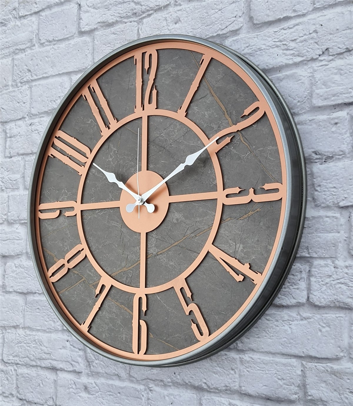 Markakanvas Gri  Metal Kasalı Mermer Desenli  Duvar Saati  ( Çap 50 cm -Çap 80 cm )