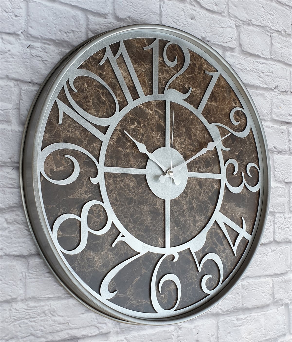 Markakanvas Gri  Metal Kasalı Mermer Desenli  Duvar Saati  ( Çap 50 cm -Çap 80 cm )