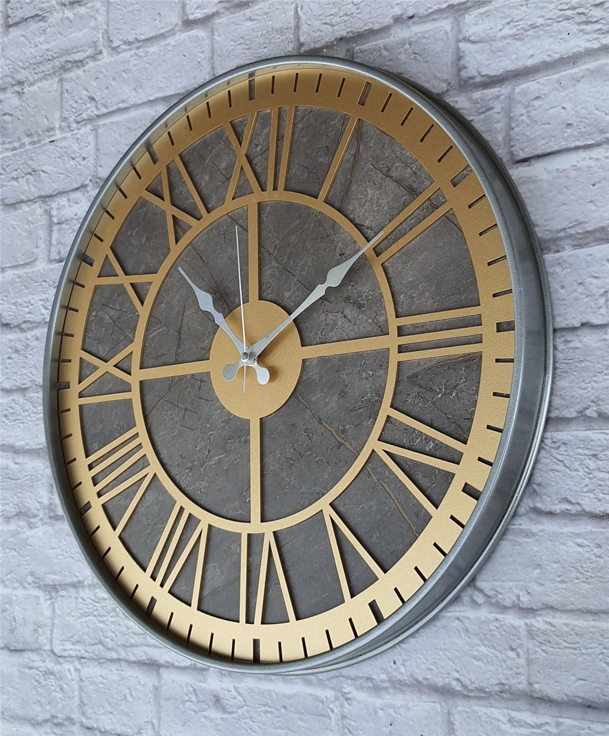 Markakanvas Gri  Metal Kasalı Mermer Desenli  Duvar Saati  ( Çap 50 cm -Çap 80 cm )