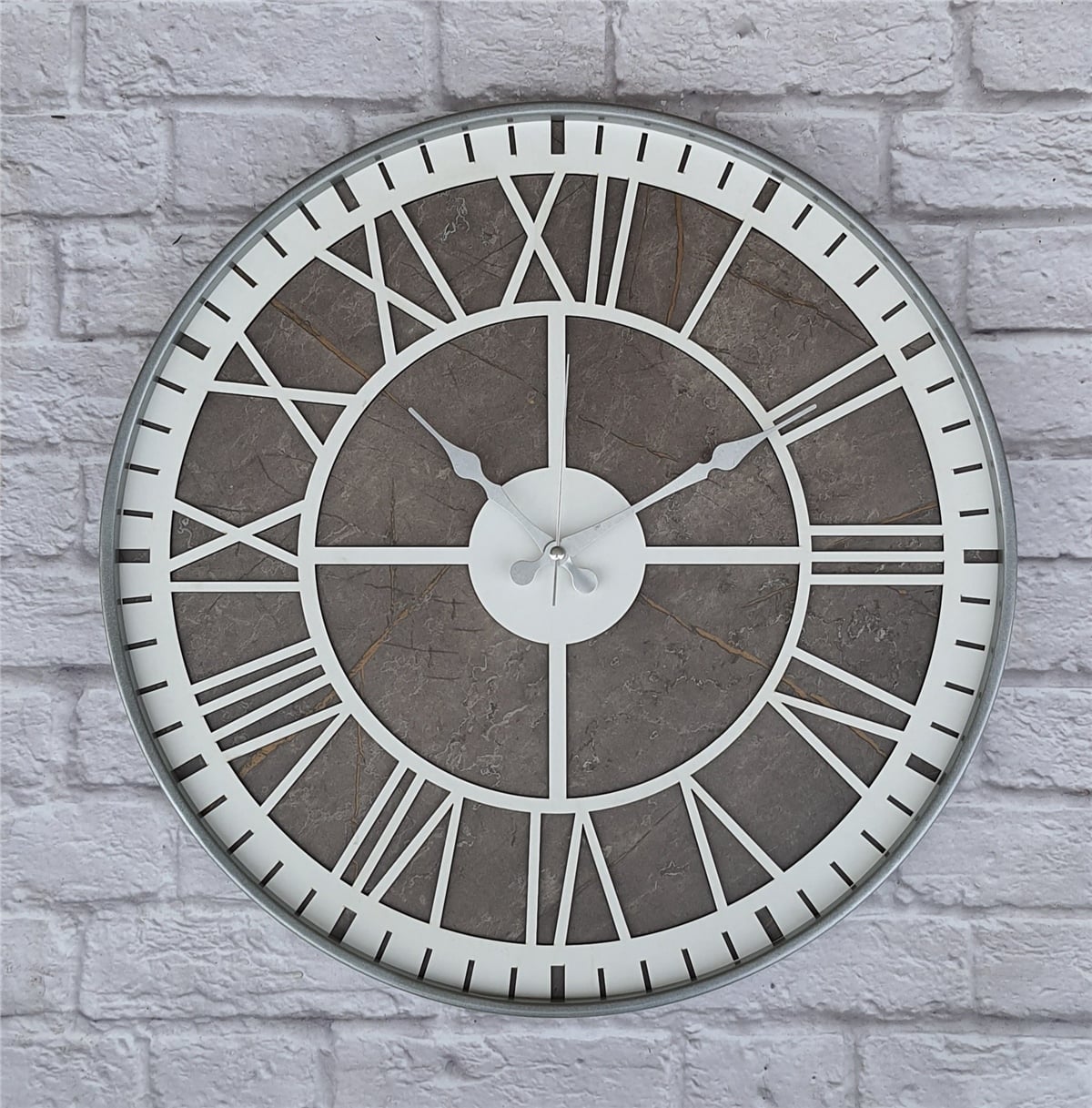 Markakanvas Gri  Metal Kasalı Mermer Desenli  Duvar Saati  ( Çap 50 cm -Çap 80 cm )