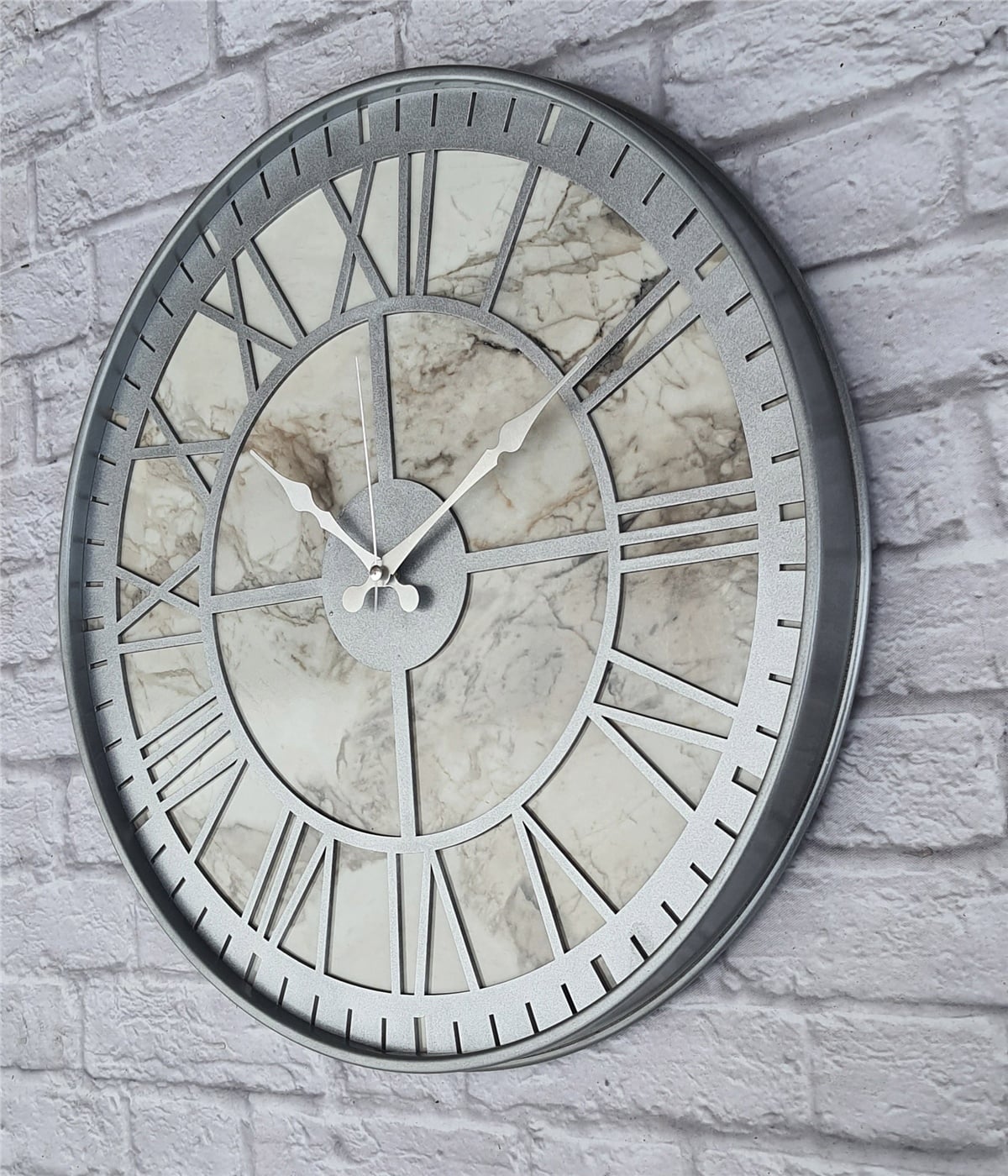 Markakanvas Gri Metal Kasalı Mermer Desenli  Duvar Saati  ( Çap 50 cm -Çap 80 cm )