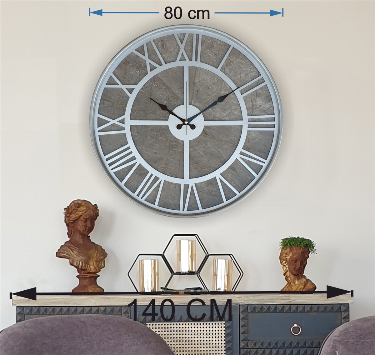 Markakanvas Gri Metal Kasalı Mermer Desenli Duvar Saati Çap 50 - 80 cm