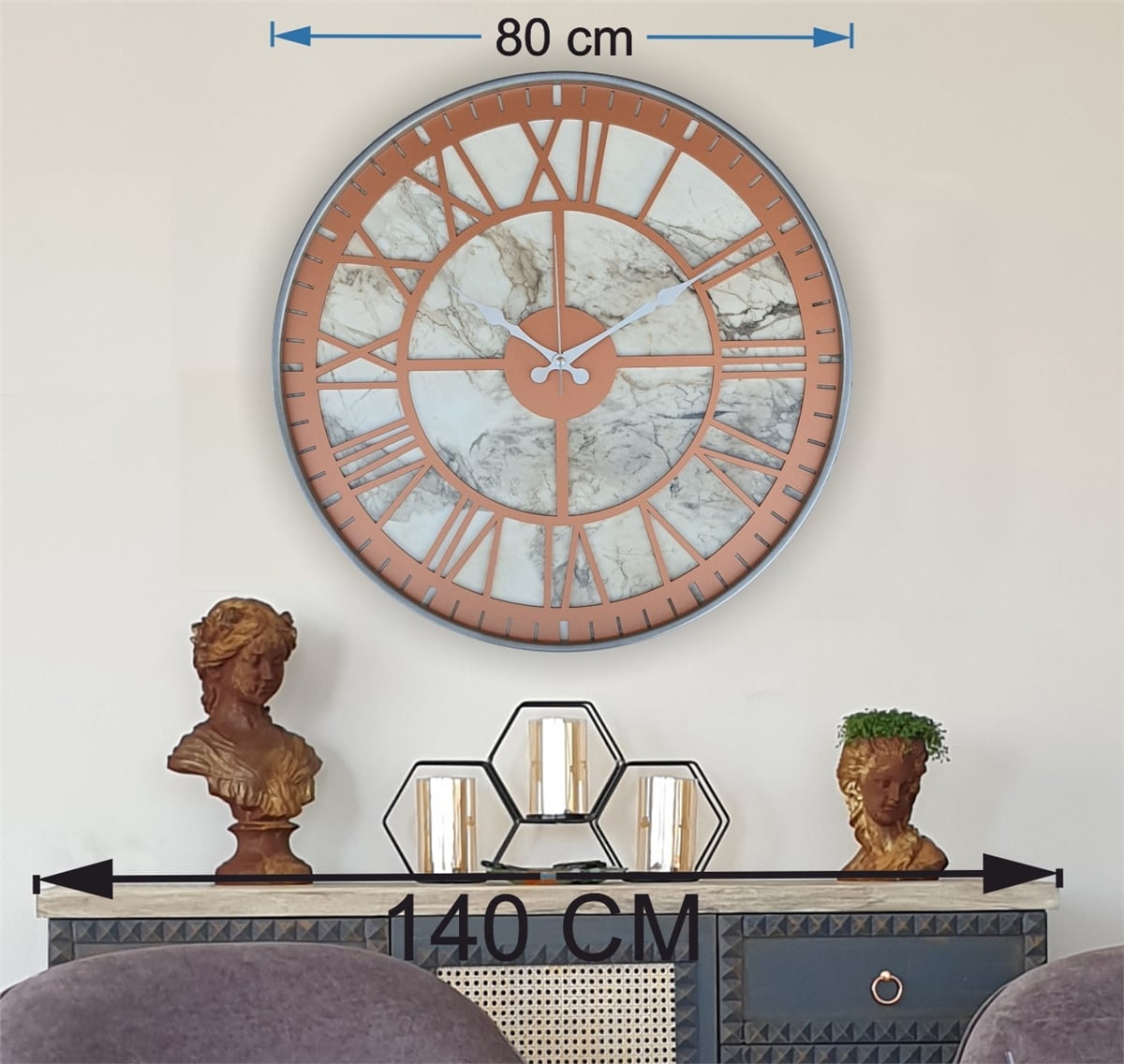 Markakanvas Gri Metal Kasalı Mermer Desenli  Duvar Saati  ( Çap 50 cm -Çap 80 cm )