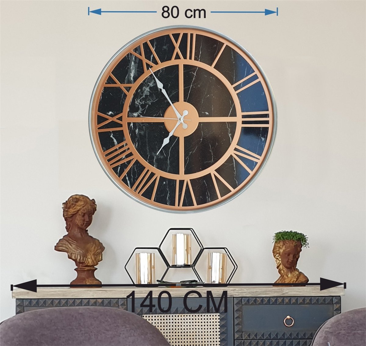 Markakanvas Gri Metal Kasalı Mermer Desenli Duvar Saati Çap 50 - 80 cm
