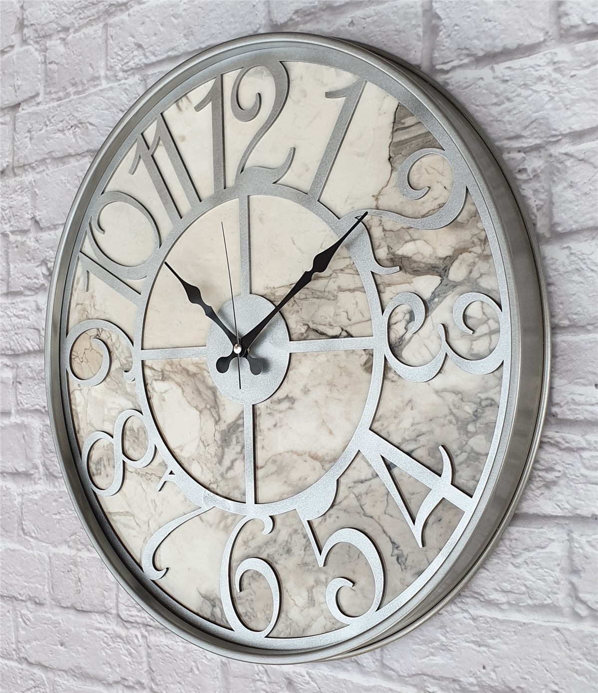 Markakanvas Gri Metal Kasalı Mermer Desenli  Duvar Saati  ( Çap 50 cm -Çap 80 cm )
