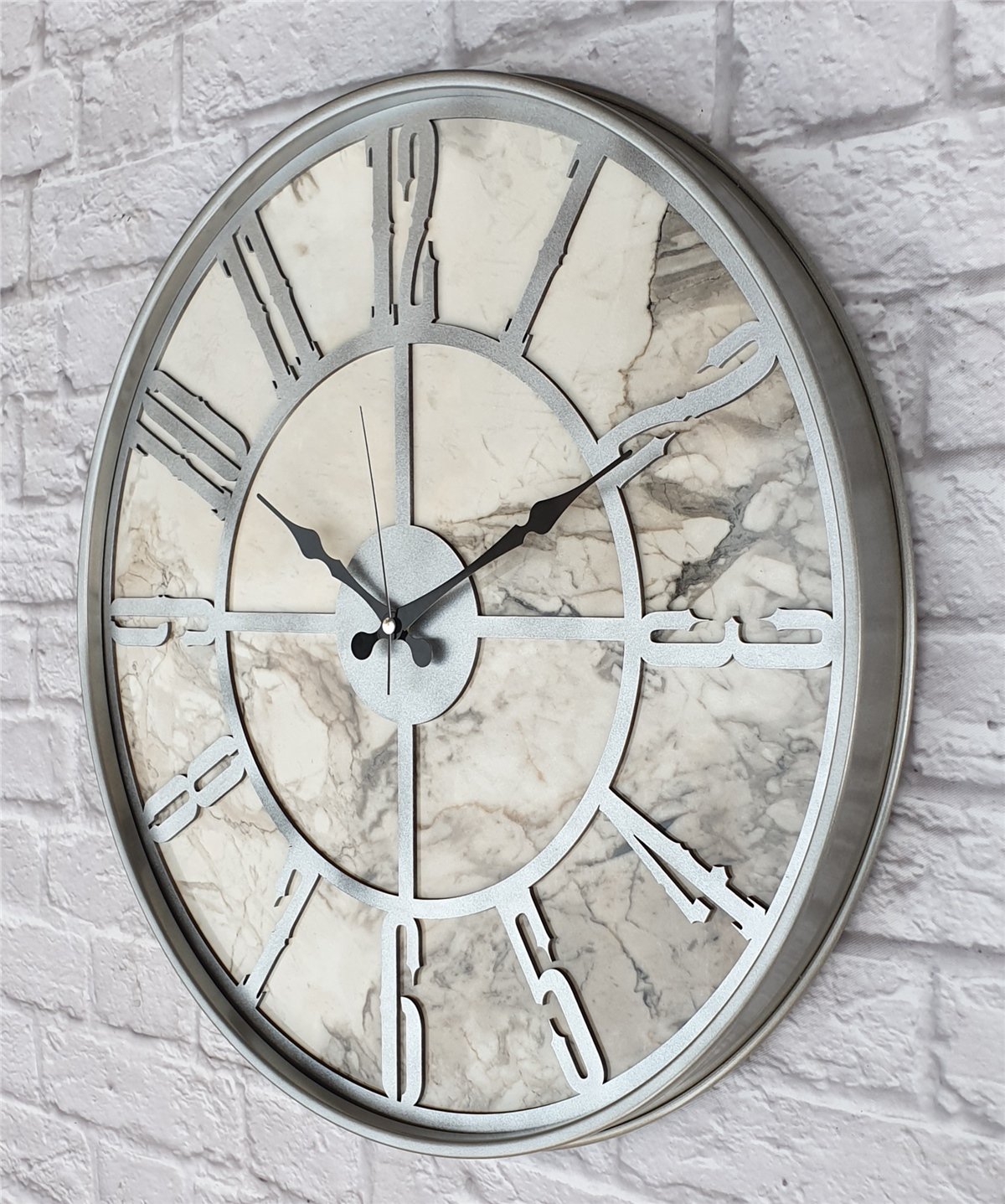 Markakanvas Gri Metal Kasalı Mermer Desenli  Duvar Saati  ( Çap 50 cm -Çap 80 cm )