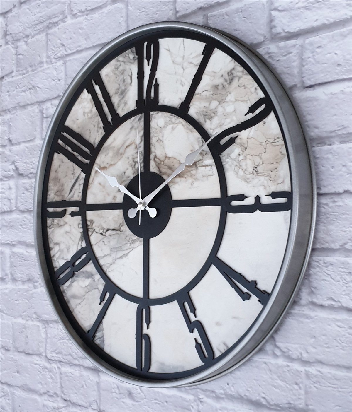 Markakanvas Gri Metal Kasalı Mermer Desenli  Duvar Saati  ( Çap 50 cm -Çap 80 cm )