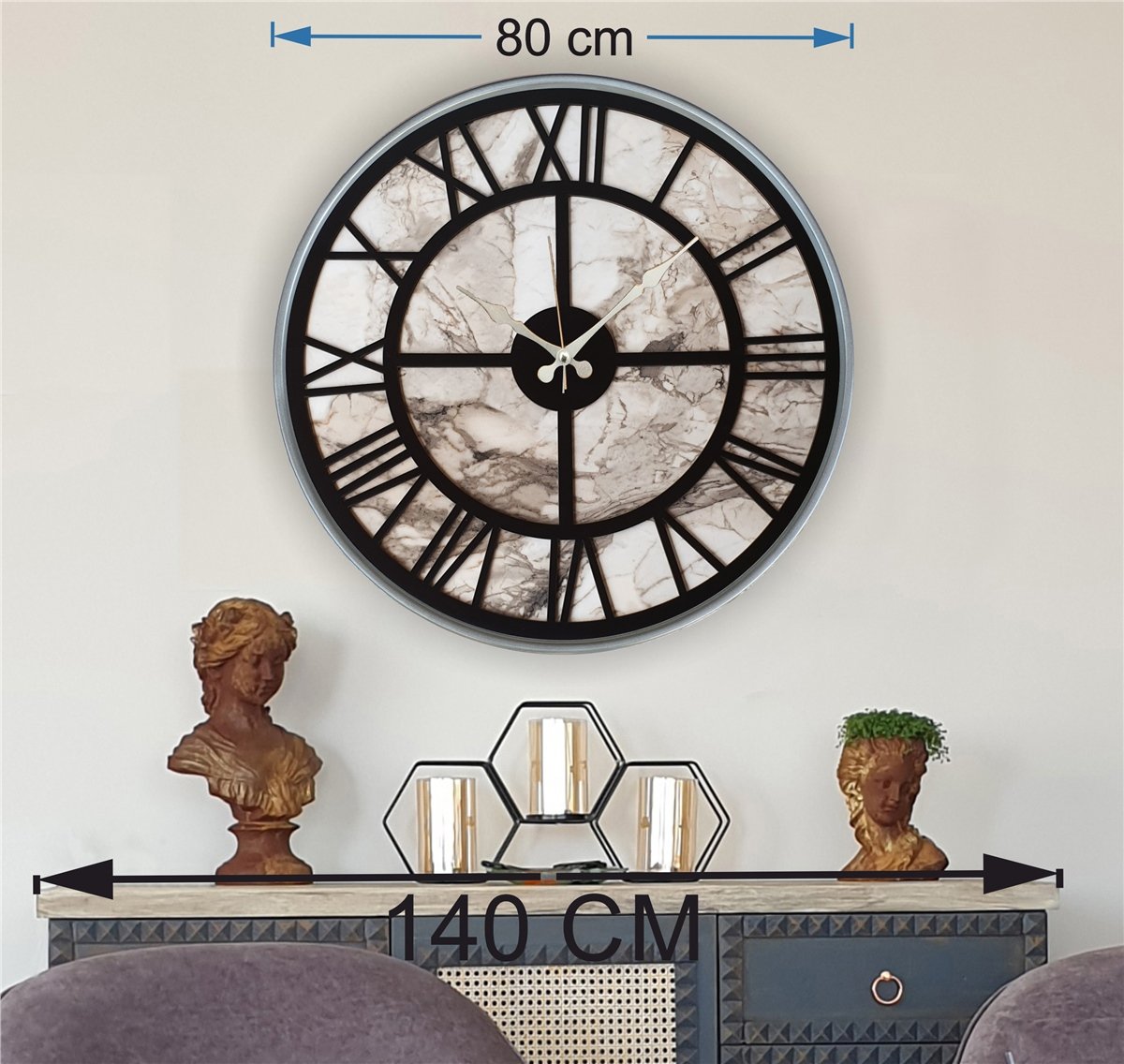 Markakanvas Gri Metal Kasalı Mermer Desenli Duvar Saati Çap 50 - 80 cm