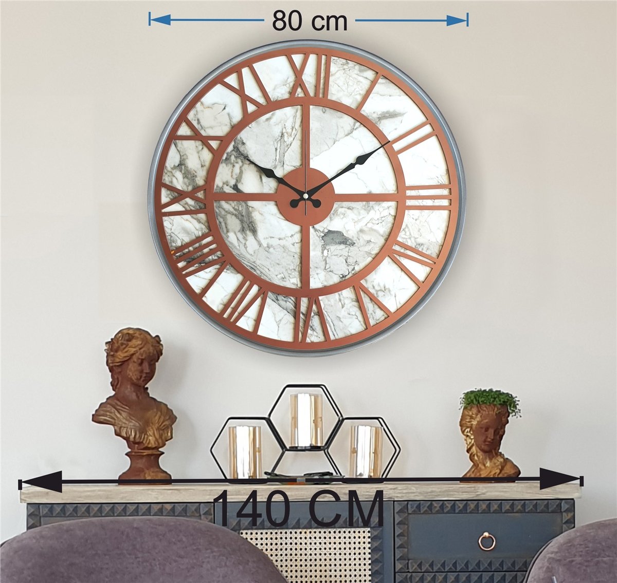 Markakanvas Gri Metal Kasalı Mermer Desenli Duvar Saati Çap 50 - 80 cm