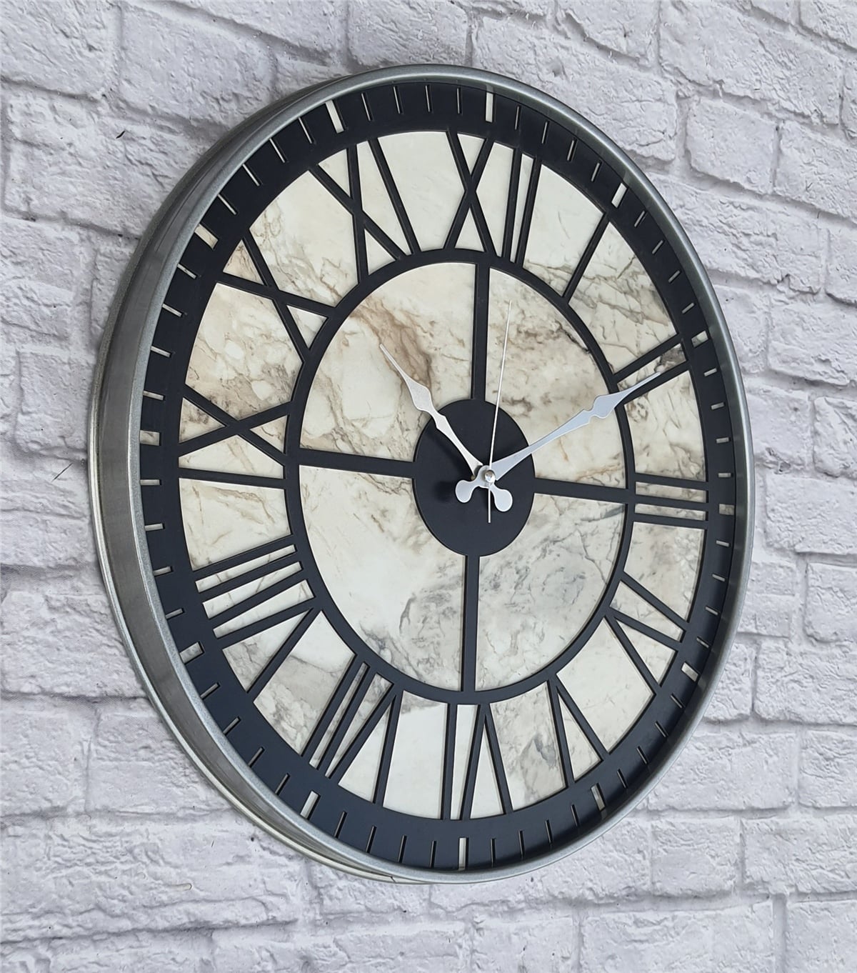 Markakanvas Gri Metal Kasalı Mermer Desenli  Duvar Saati  ( Çap 50 cm -Çap 80 cm )