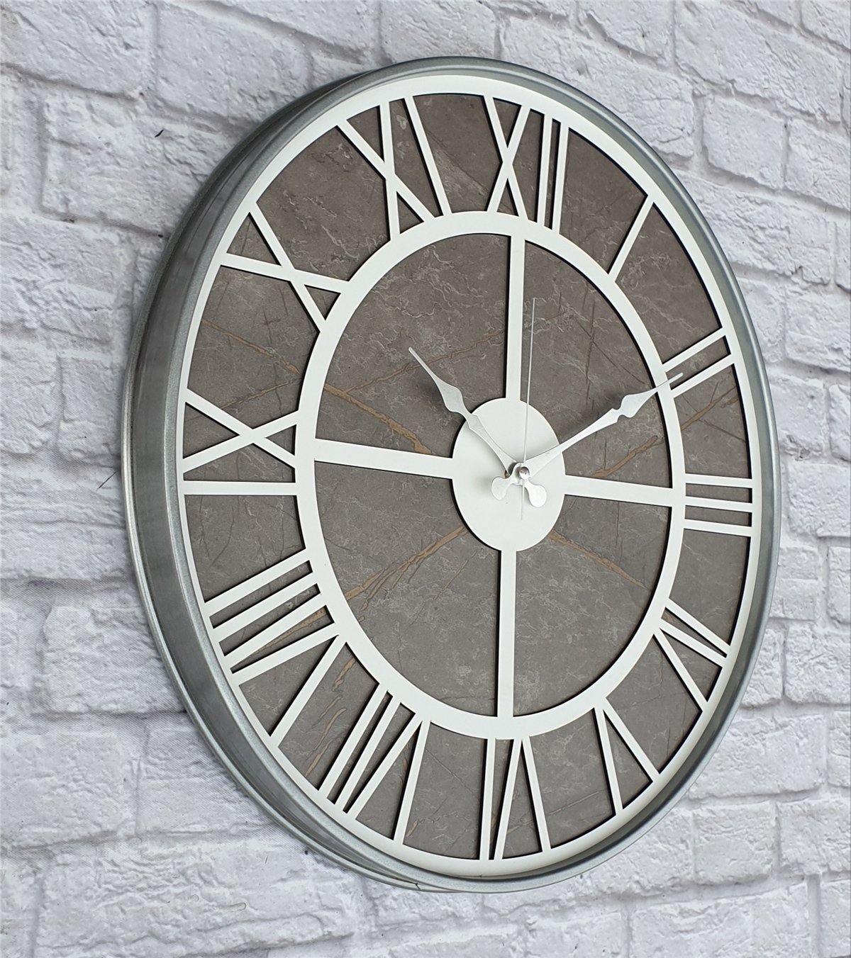 Markakanvas Gri Metal Kasalı Mermer Desenli Duvar Saati Çap 50 - 80 cm