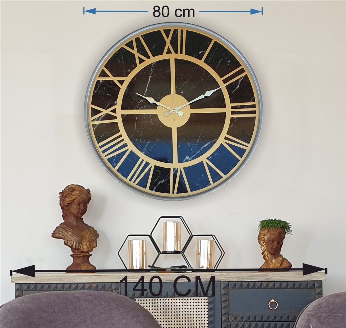 Markakanvas Gri Metal Kasalı Mermer Desenli Duvar Saati Çap 50 - 80 cm
