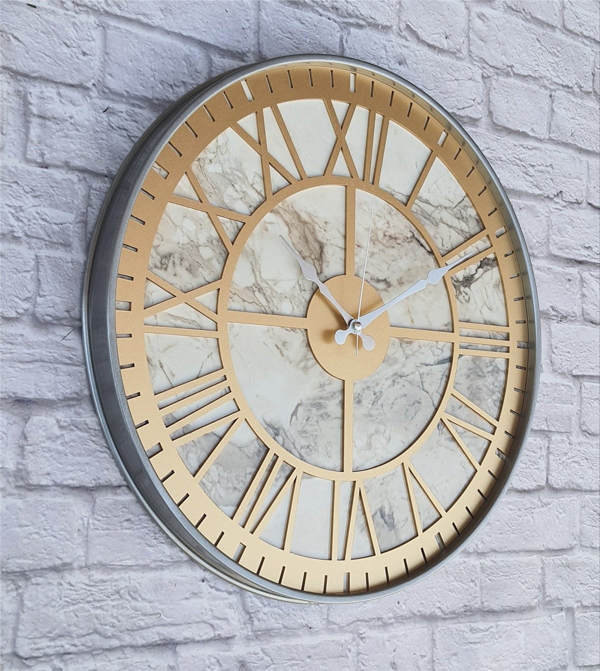 Markakanvas Gri Metal Kasalı Mermer Desenli  Duvar Saati  ( Çap 50 cm -Çap 80 cm )