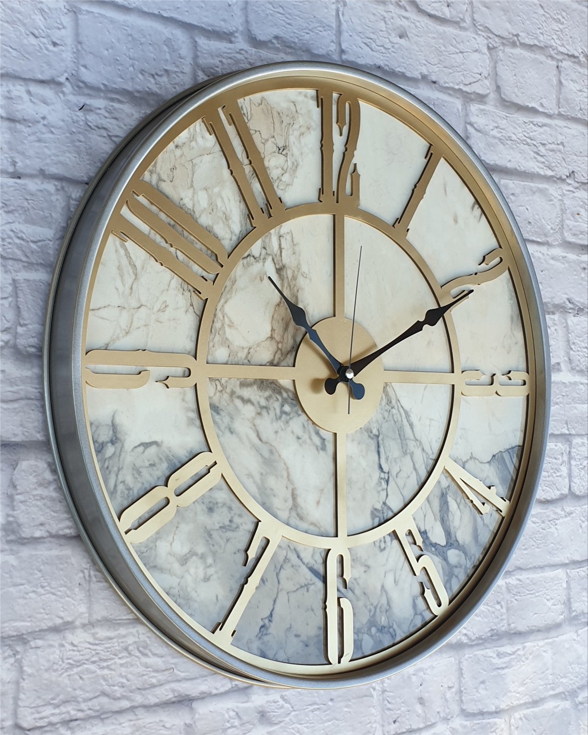 Markakanvas Gri Metal Kasalı Mermer Desenli  Duvar Saati  ( Çap 50 cm -Çap 80 cm )