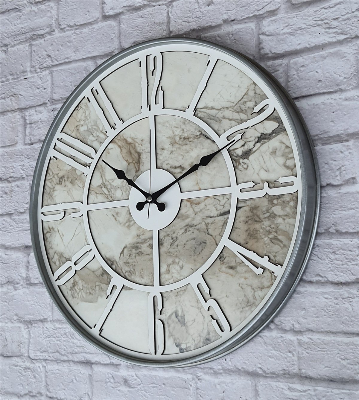 Markakanvas Gri Metal Kasalı Mermer Desenli  Duvar Saati  ( Çap 50 cm -Çap 80 cm )