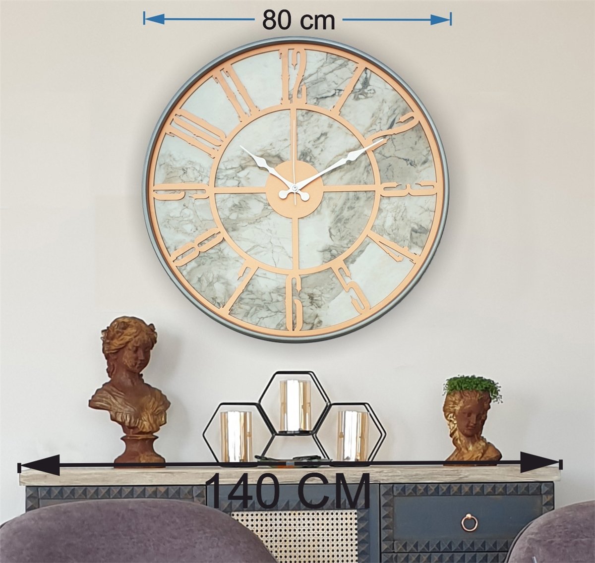 Markakanvas Gri Metal Kasalı Mermer Desenli  Duvar Saati  ( Çap 50 cm -Çap 80 cm )