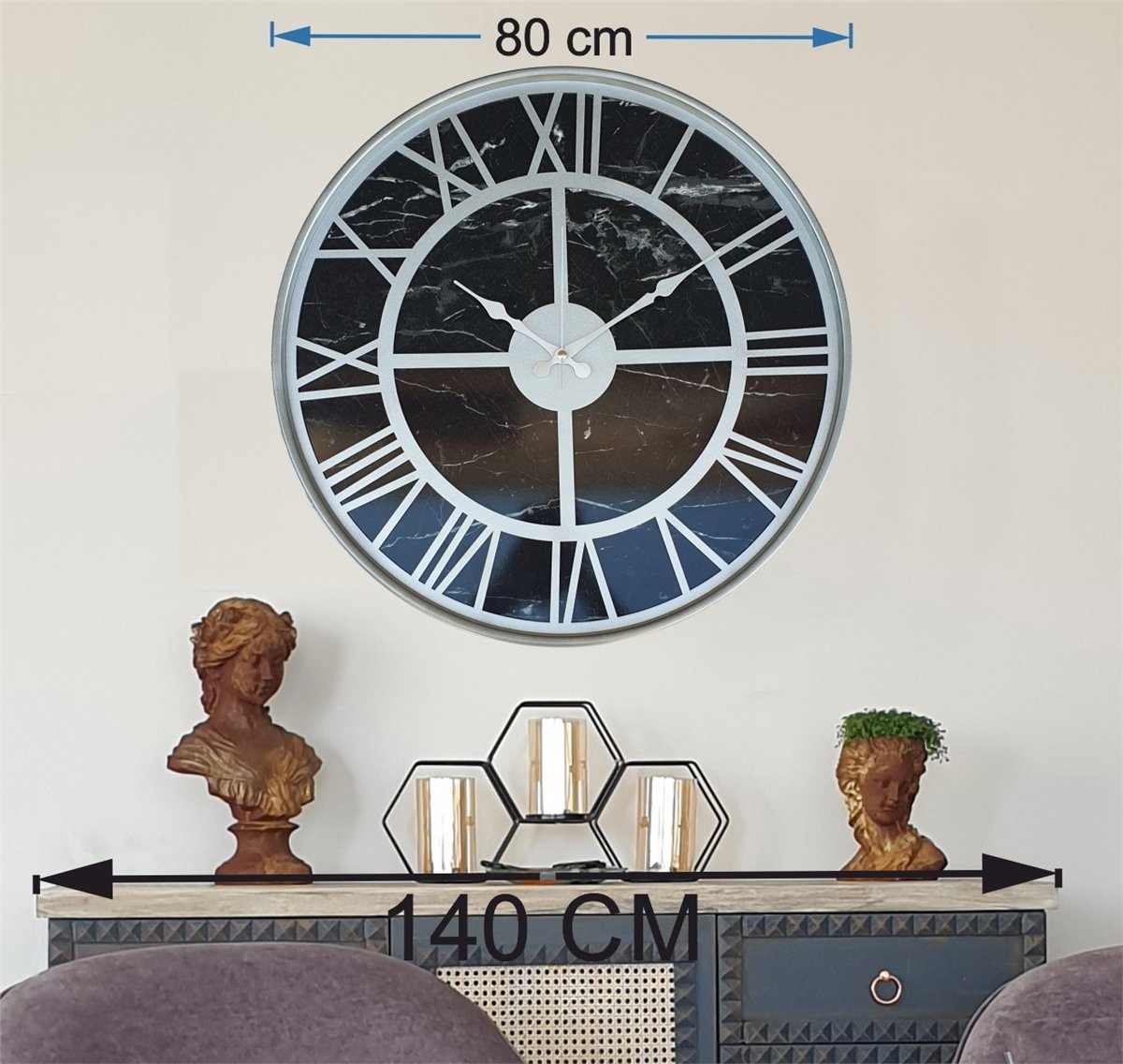 Markakanvas Gri Metal Kasalı Mermer Desenli Duvar Saati Çap 50 - 80 cm