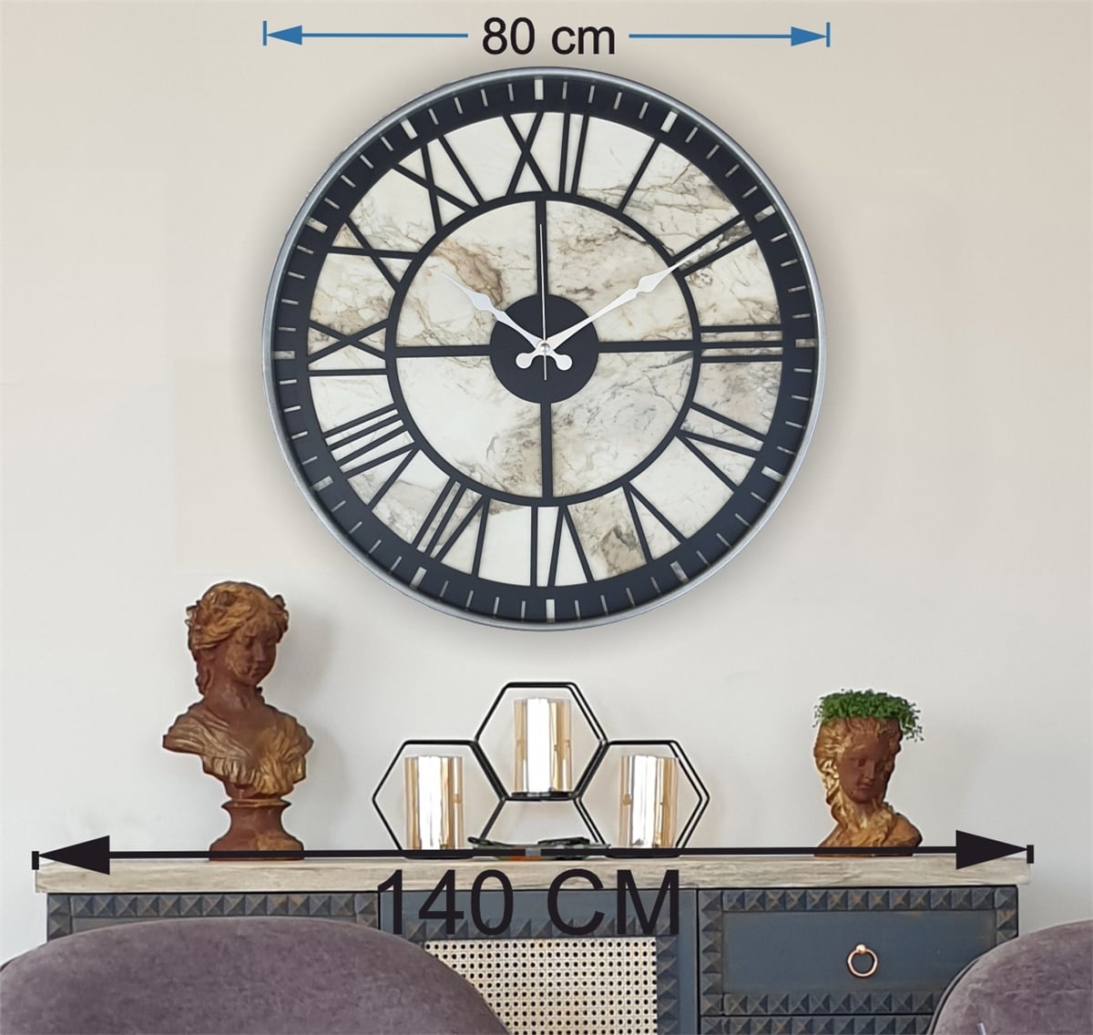 Markakanvas Gri Metal Kasalı Mermer Desenli  Duvar Saati  ( Çap 50 cm -Çap 80 cm )