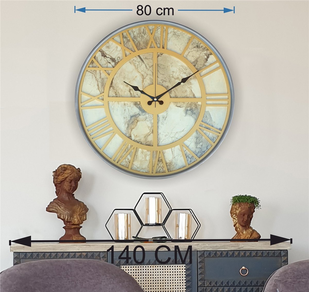 Markakanvas Gri Metal Kasalı Mermer Desenli Duvar Saati Çap 50 - 80 cm