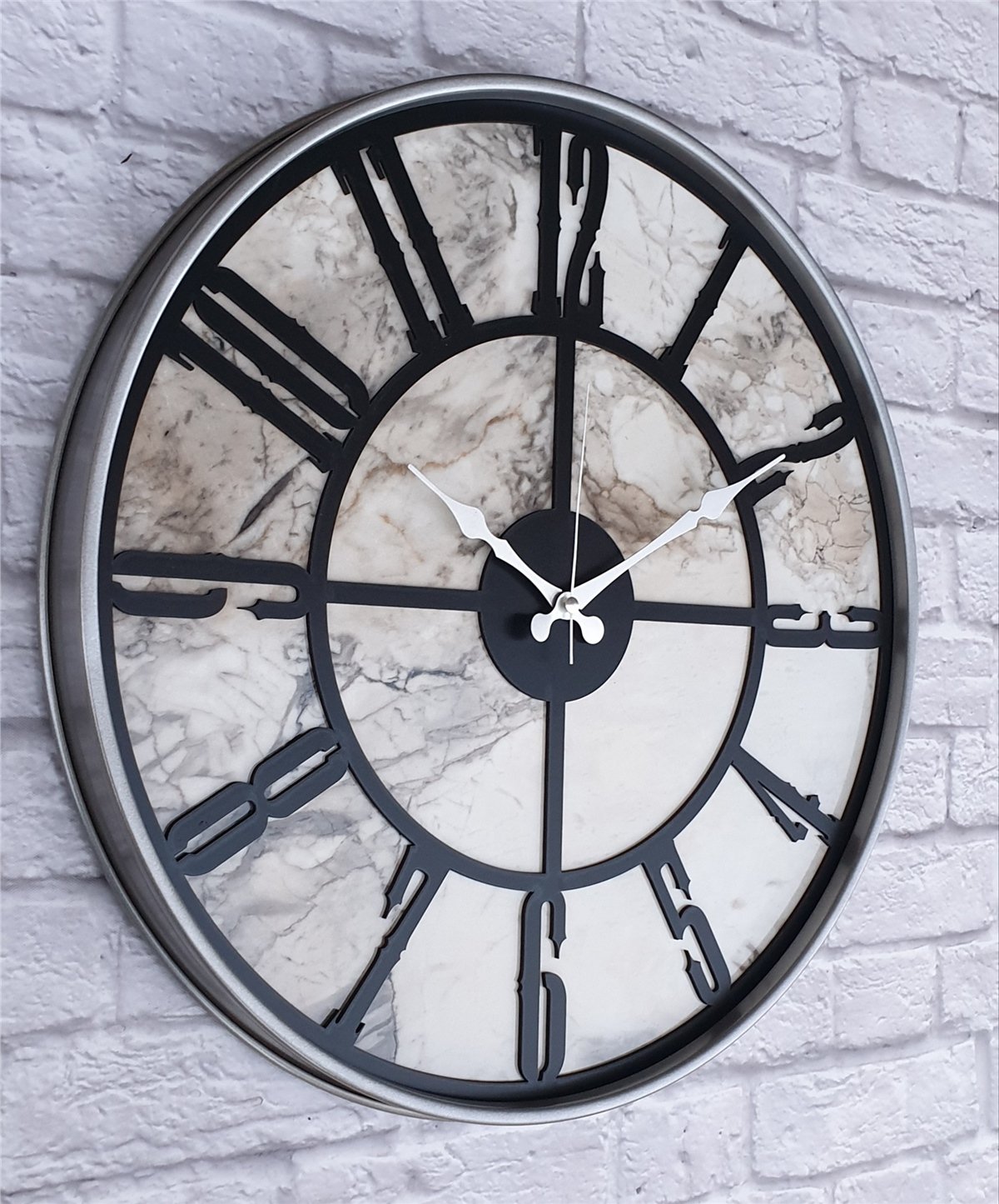 Markakanvas Gri Metal Kasalı Mermer Desenli  Duvar Saati  ( Çap 50 cm -Çap 80 cm )