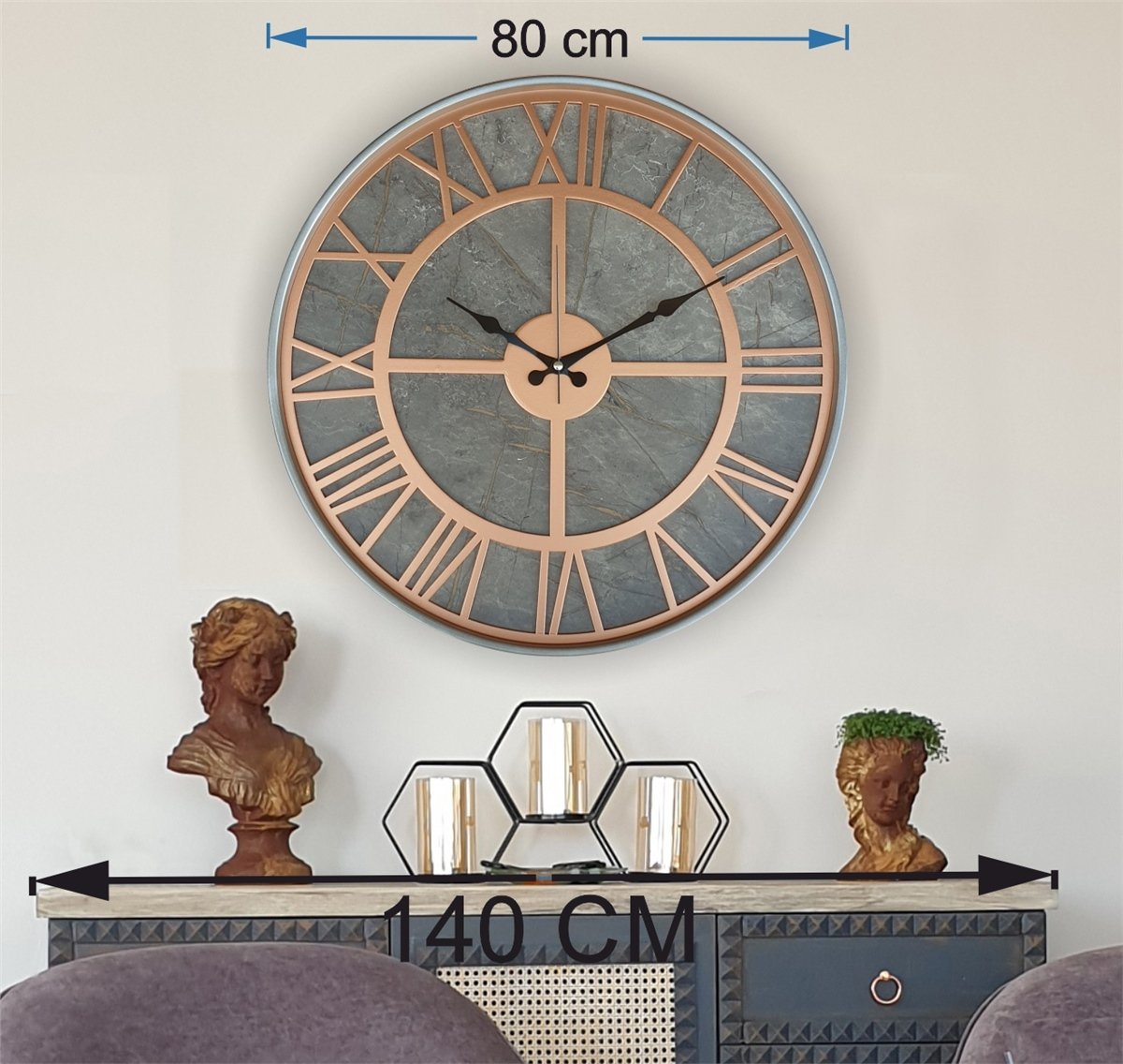 Markakanvas Gri Metal Kasalı Mermer Desenli Duvar Saati Çap 50 - 80 cm