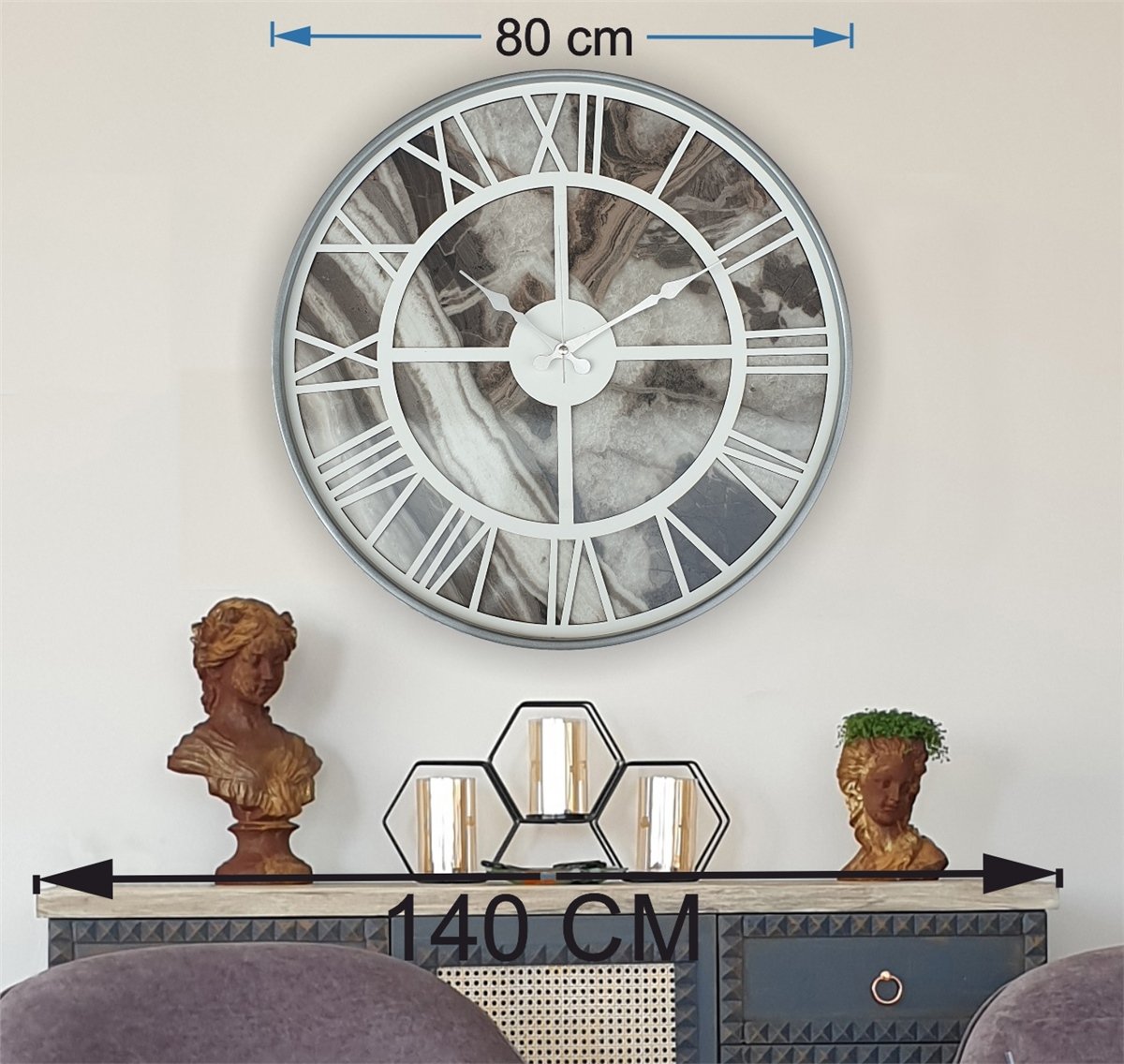 Markakanvas Gri Metal Kasalı Mermer Desenli Duvar Saati Çap 50 - 80 cm