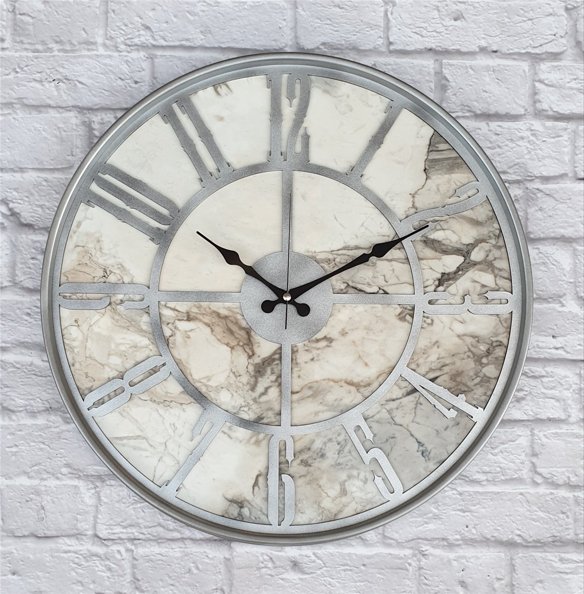 Markakanvas Gri Metal Kasalı Mermer Desenli  Duvar Saati  ( Çap 50 cm -Çap 80 cm )