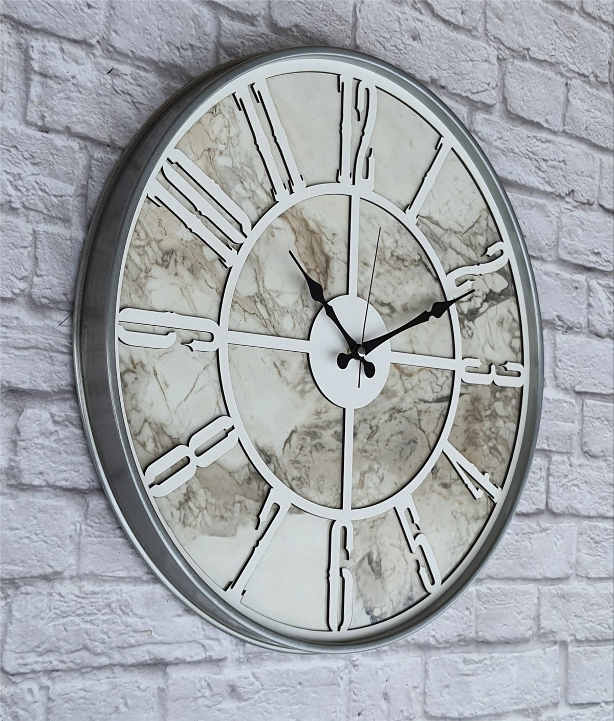 Markakanvas Gri Metal Kasalı Mermer Desenli  Duvar Saati  ( Çap 50 cm -Çap 80 cm )